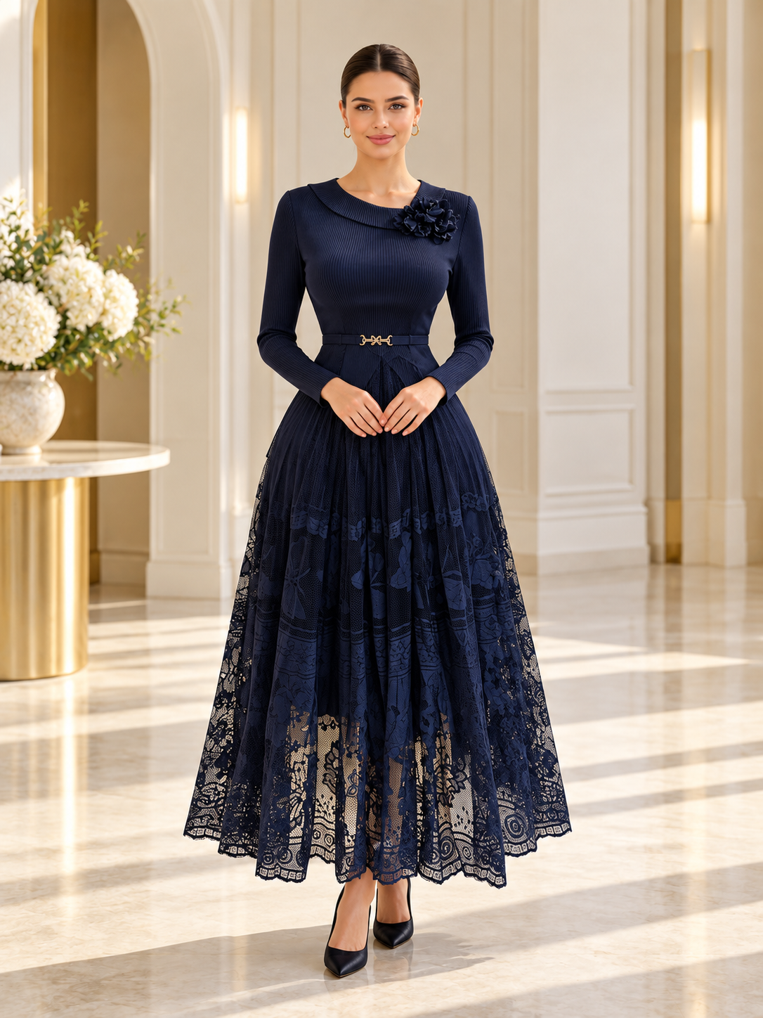 Aurora™ | Ribbed-Bodice Lace-Skirt Midi Dress