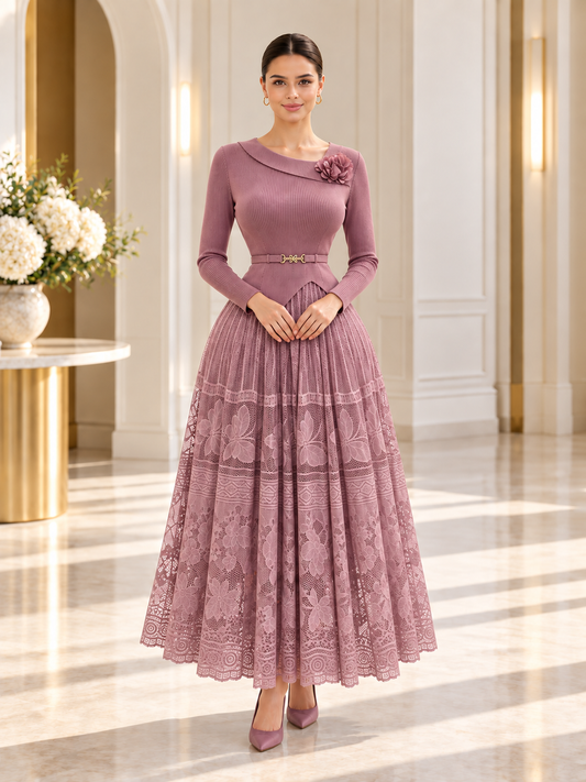 Aurora™ | Ribbed-Bodice Lace-Skirt Midi Dress