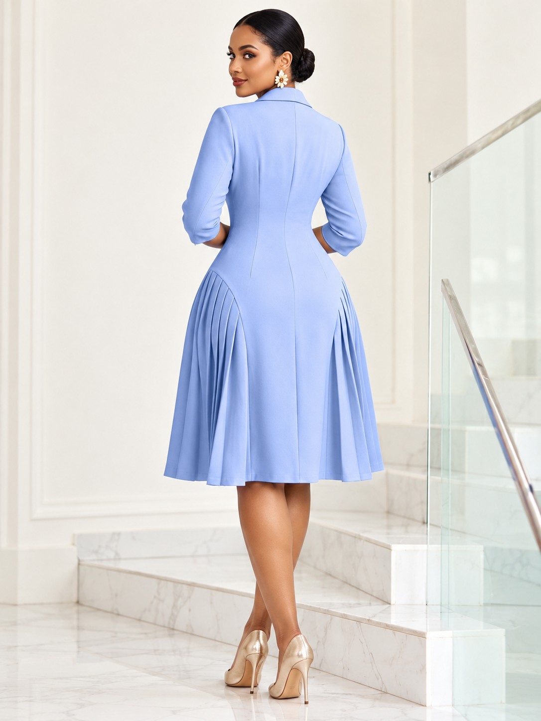 Genevieve™ | Pleated-Skirt Shawl-Collar Midi Dress