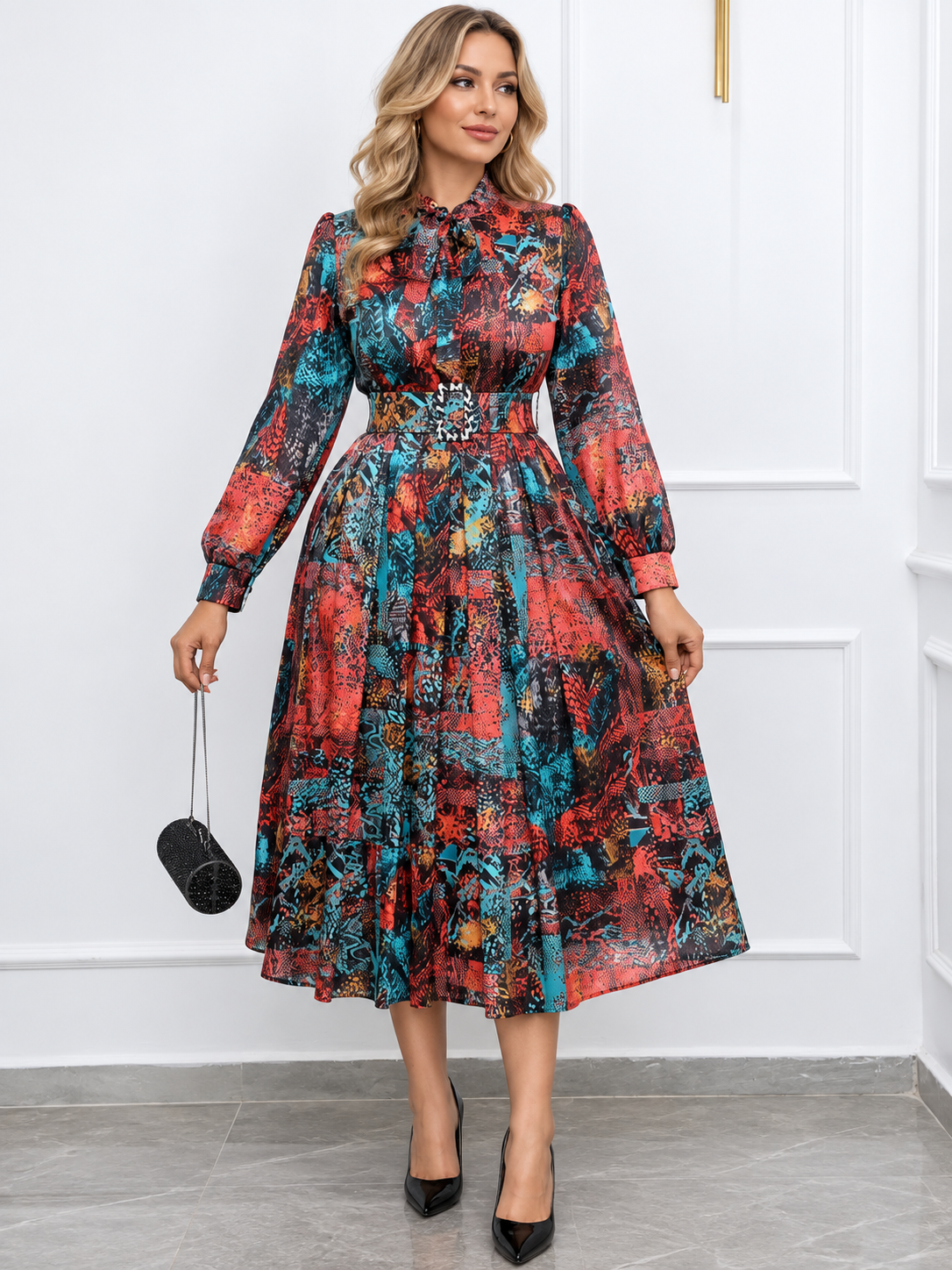 Cordelia™ | Floral Chiffon Bow-Neck Midi Dress