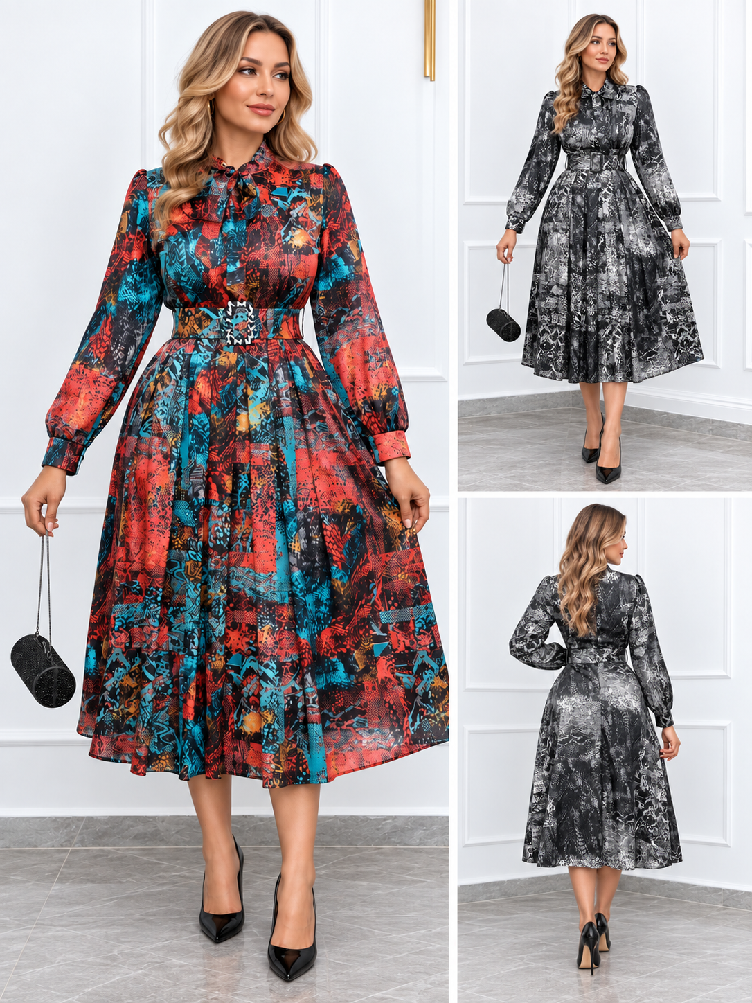 Cordelia™ | Floral Chiffon Bow-Neck Midi Dress