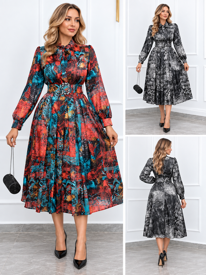 Cordelia™ | Floral Chiffon Bow-Neck Midi Dress