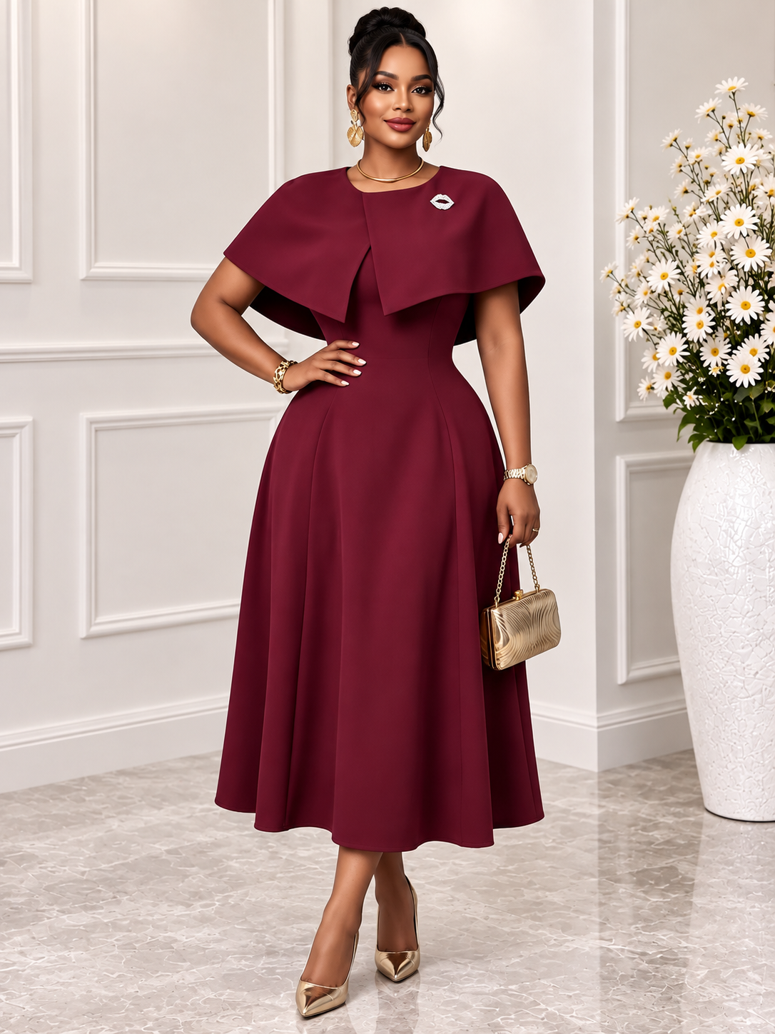 Celestine™ | Cape-Overlay A-Line Midi Dress