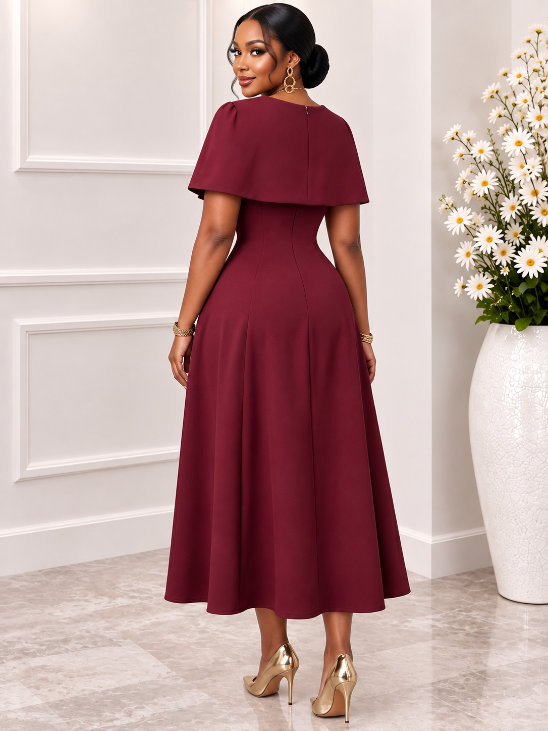 Celestine™ | Cape-Overlay A-Line Midi Dress