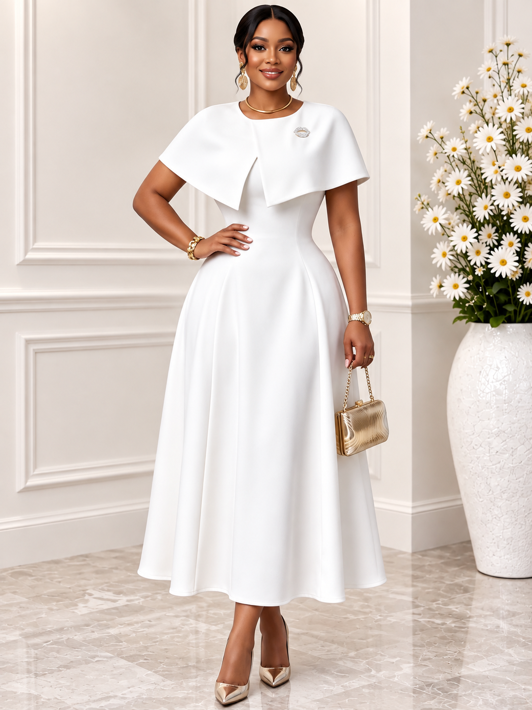 Celestine™ | Cape-Overlay A-Line Midi Dress