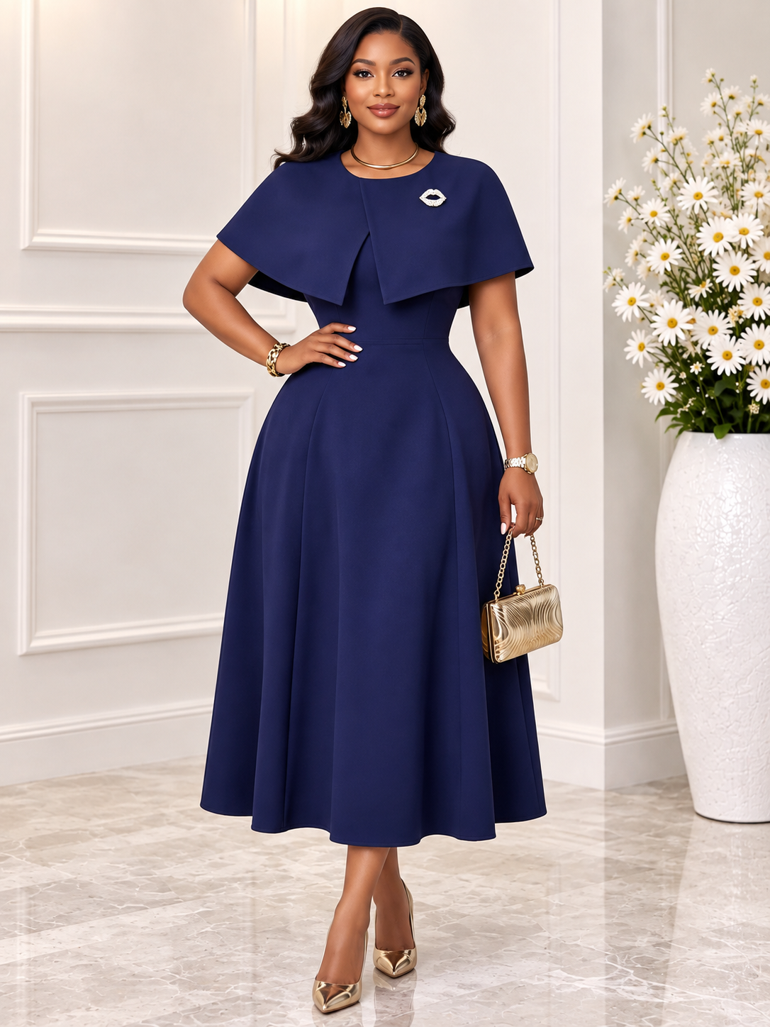 Celestine™ | Cape-Overlay A-Line Midi Dress