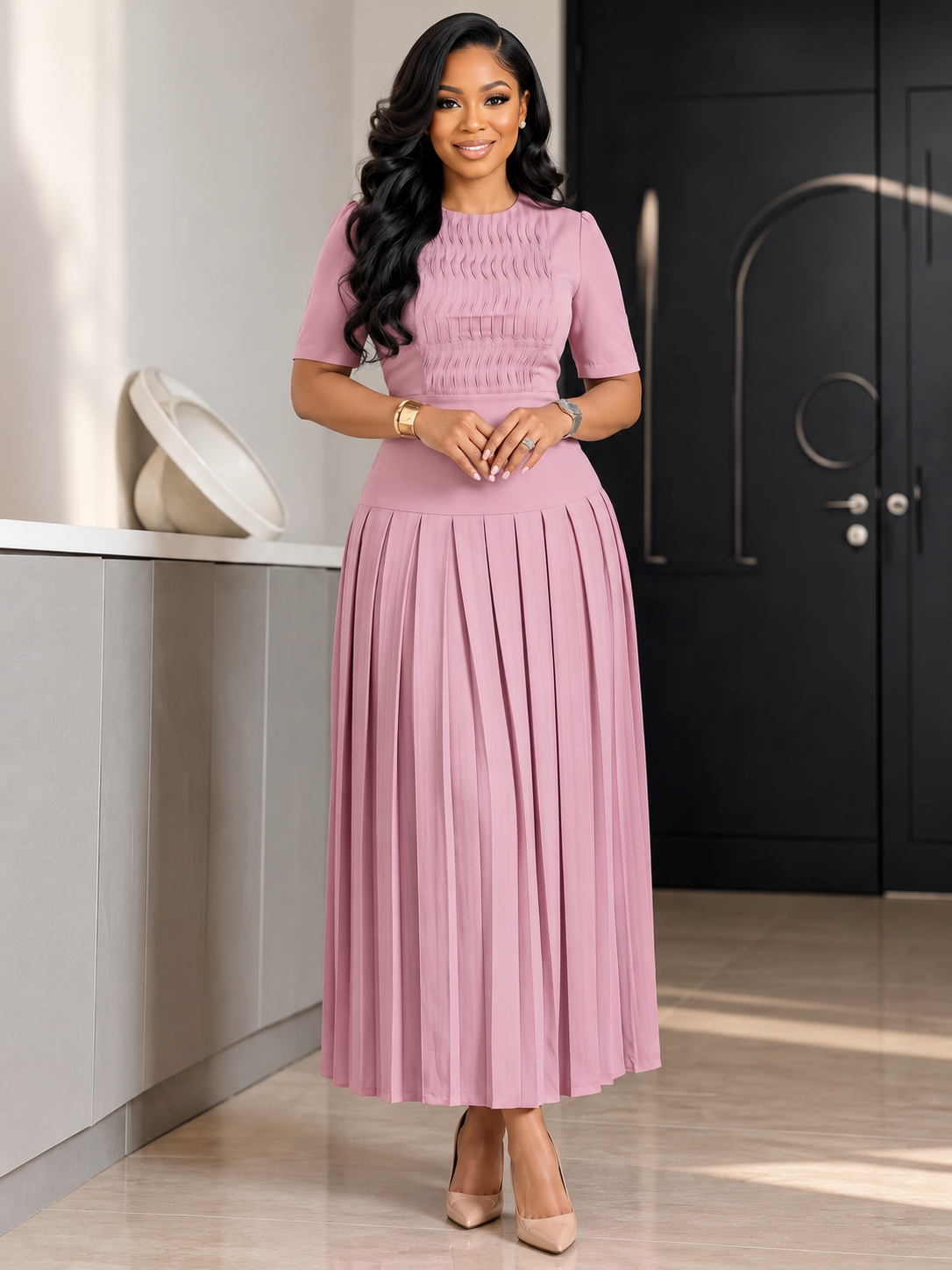 Adaeze™ | Smocked-Bodice Pleated Maxi Dress