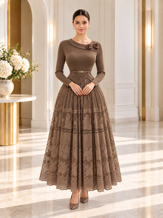 Aurora™ | Ribbed-Bodice Lace-Skirt Midi Dress