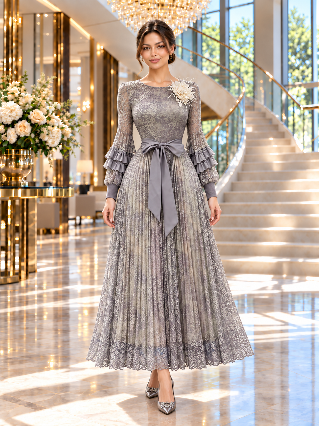 Amira™ | Lace-Bodice Pleated Maxi Gown