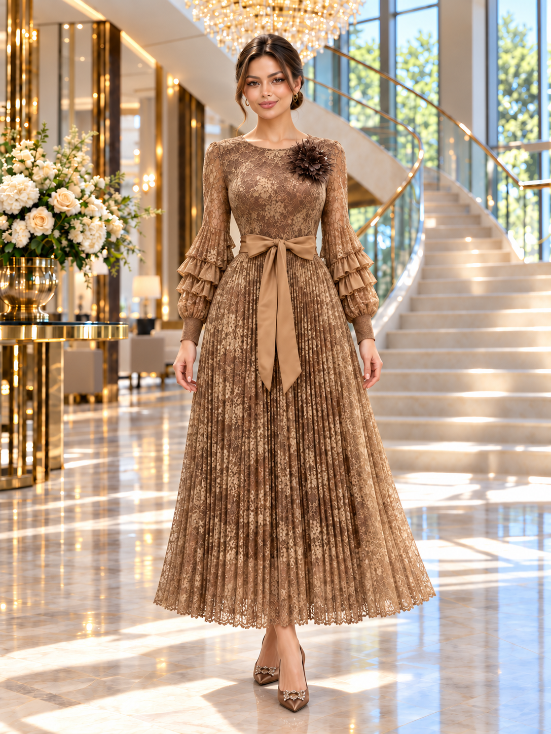 Amira™ | Lace-Bodice Pleated Maxi Gown