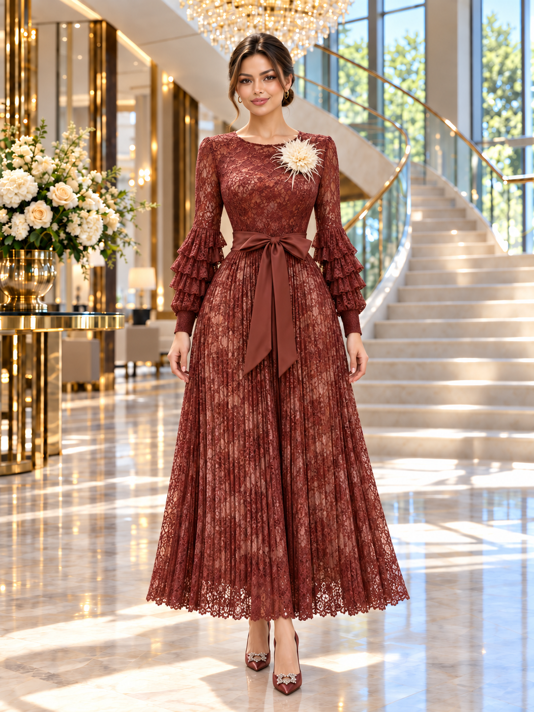 Amira™ | Lace-Bodice Pleated Maxi Gown