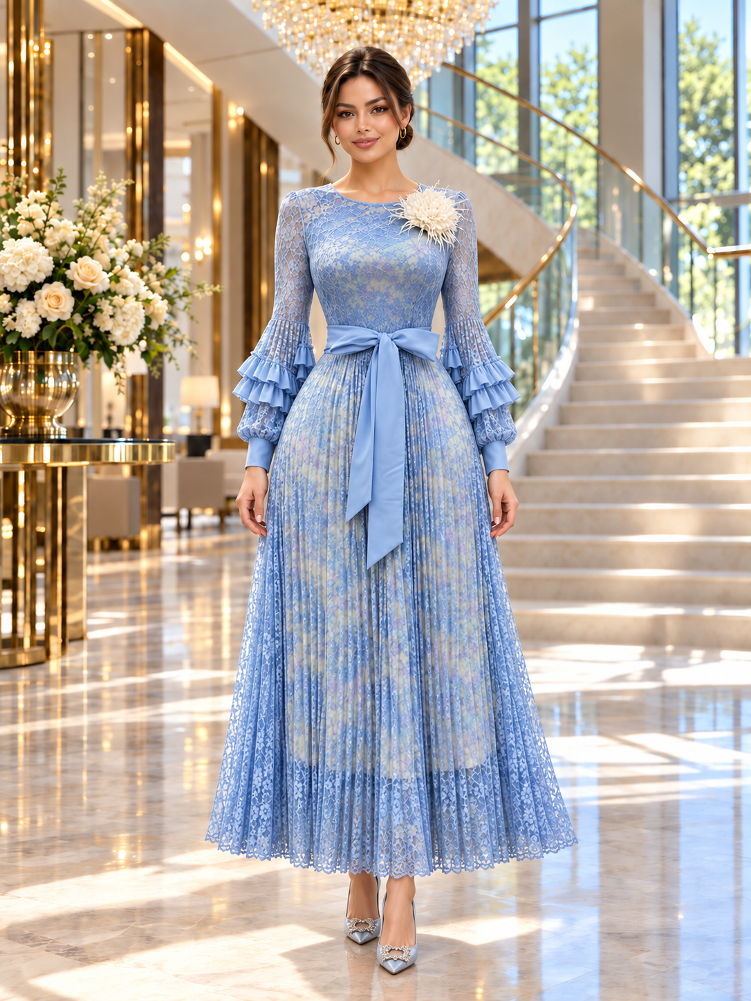 Amira™ | Lace-Bodice Pleated Maxi Gown