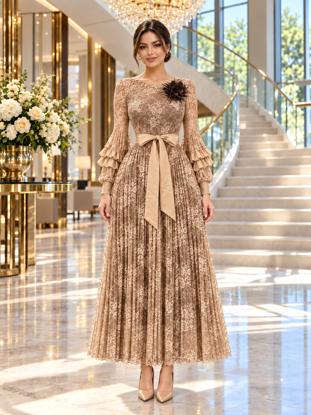 Amira™ | Lace-Bodice Pleated Maxi Gown