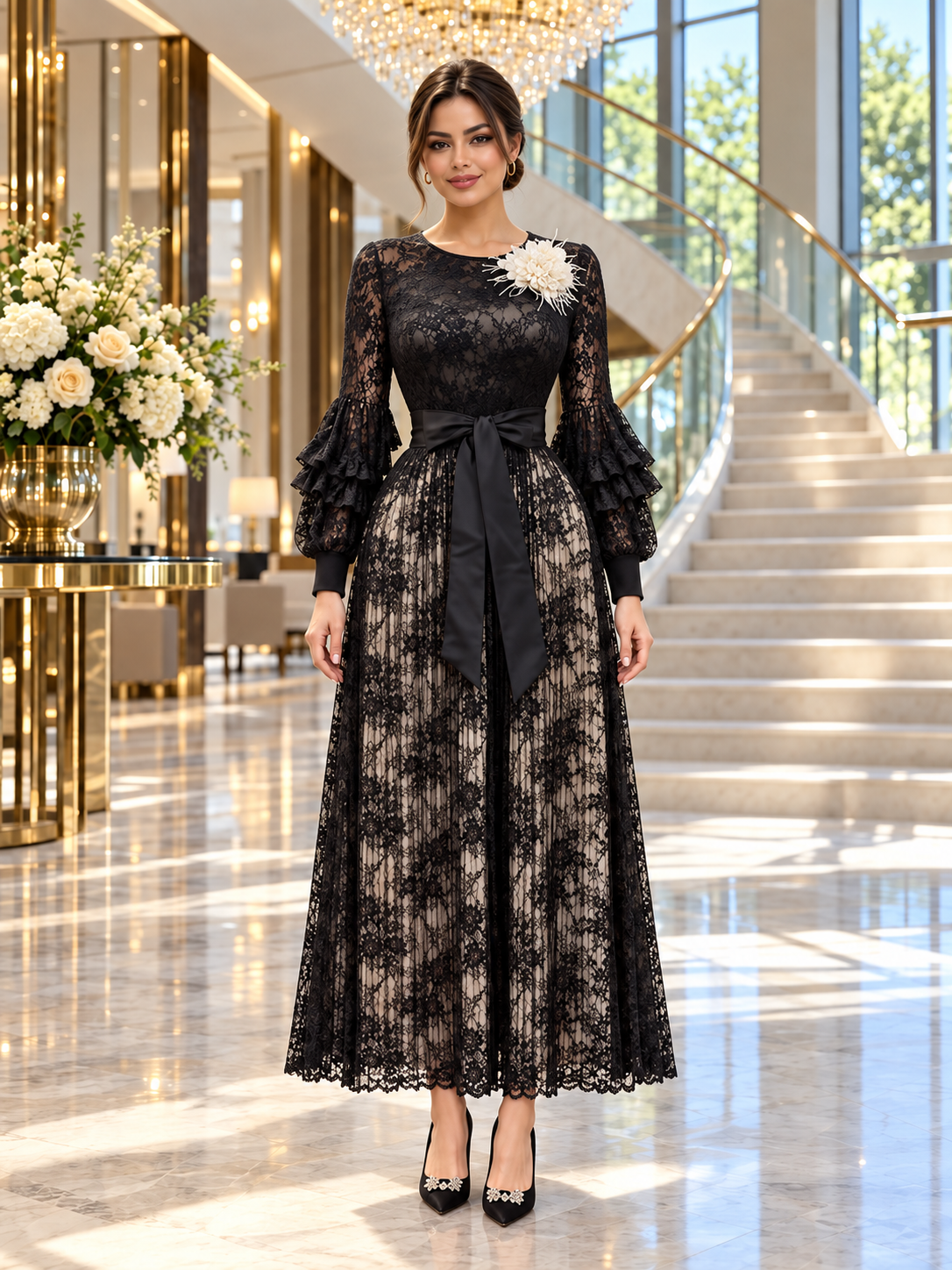 Amira™ | Lace-Bodice Pleated Maxi Gown