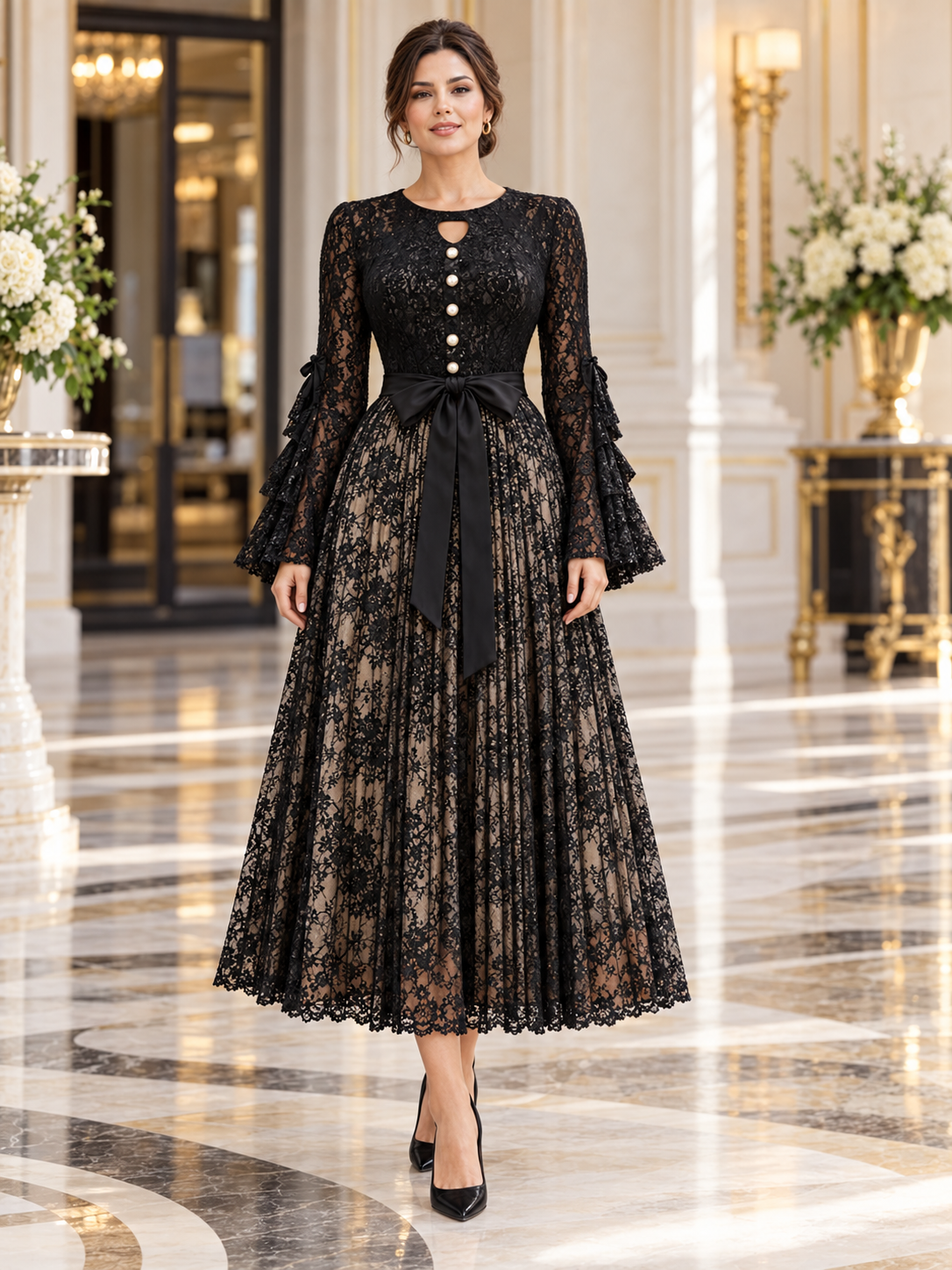 Séraphine™ | Lace-Bodice Micro-Pleated Midi Dress