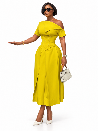 Amara Belle™ | Asymmetric One-Shoulder Corset Midi Dress