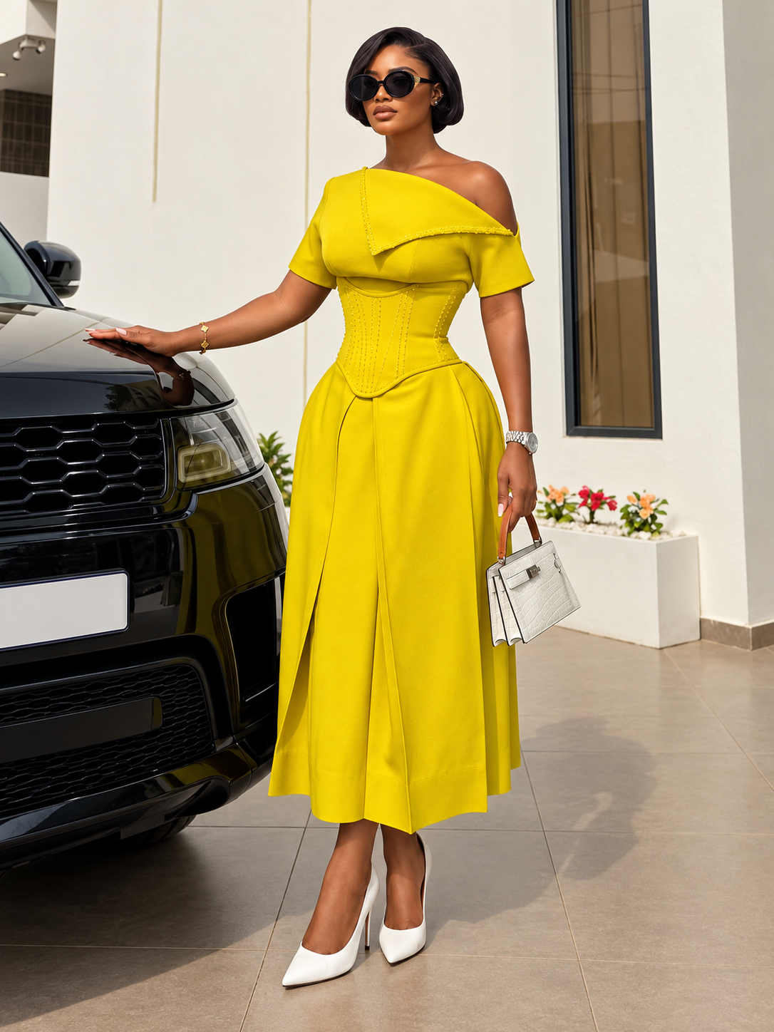 Amara Belle™ | Asymmetric One-Shoulder Corset Midi Dress
