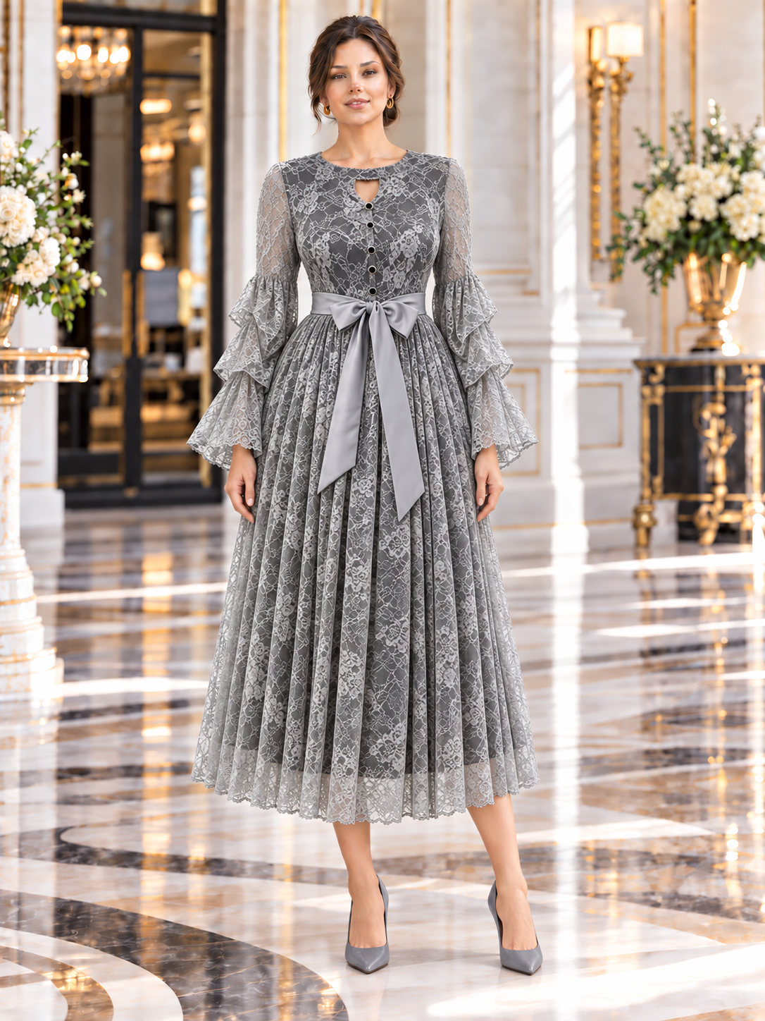Séraphine™ | Lace-Bodice Micro-Pleated Midi Dress