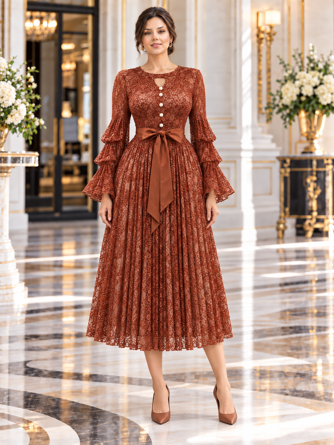 Séraphine™ | Lace-Bodice Micro-Pleated Midi Dress