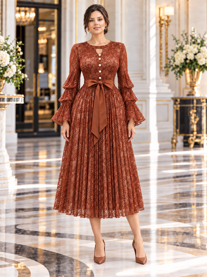 Séraphine™ | Lace-Bodice Micro-Pleated Midi Dress