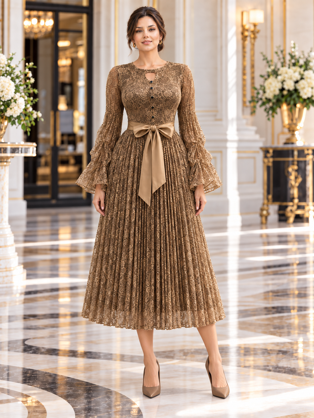 Séraphine™ | Lace-Bodice Micro-Pleated Midi Dress