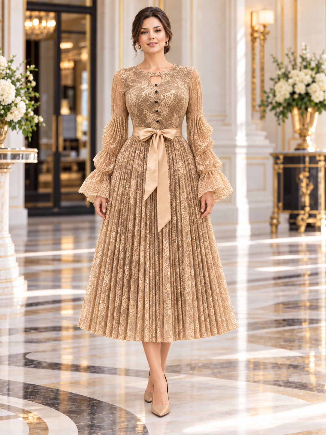 Séraphine™ | Lace-Bodice Micro-Pleated Midi Dress