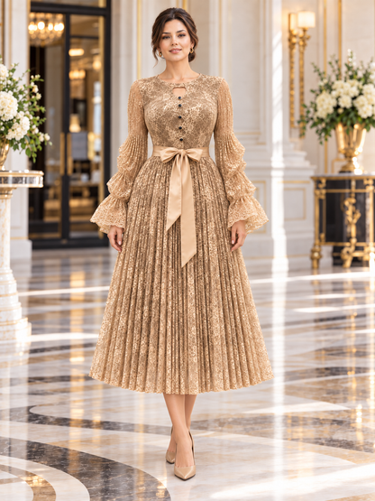 Séraphine™ | Lace-Bodice Micro-Pleated Midi Dress