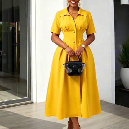 Delaney™ | Pleated-Waist Collared Midi Dress