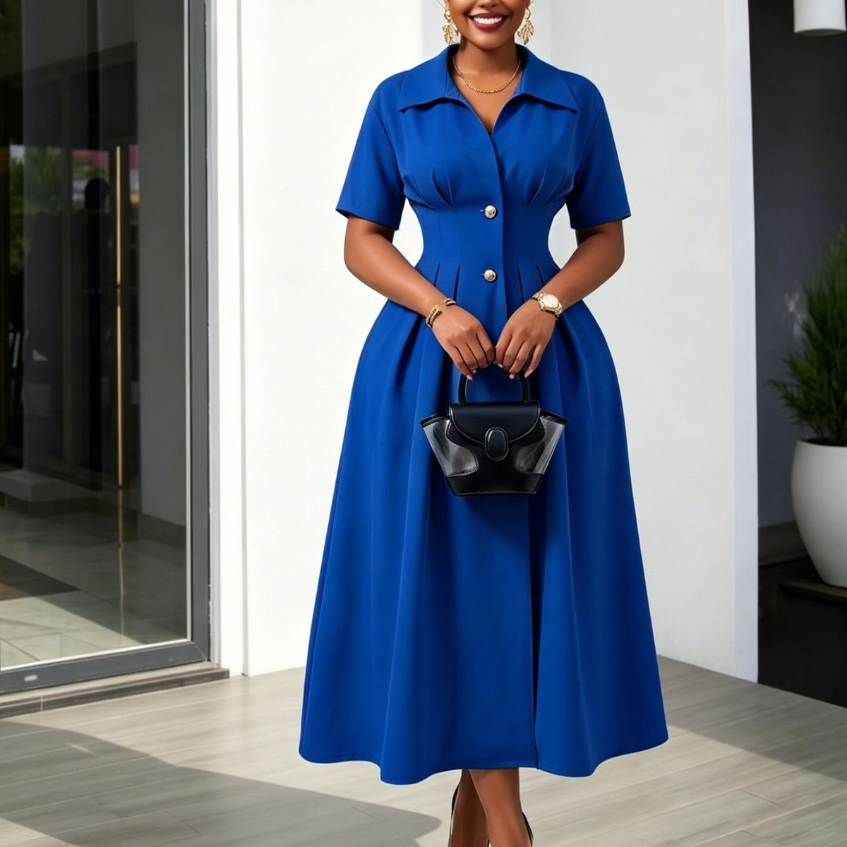Delaney™ | Pleated-Waist Collared Midi Dress